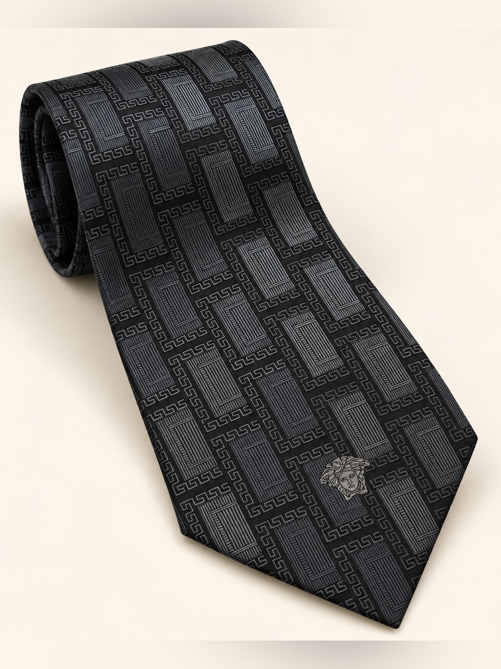 Vintage Versace Tie Black Gray Greek Key Medusa Geometric 55"